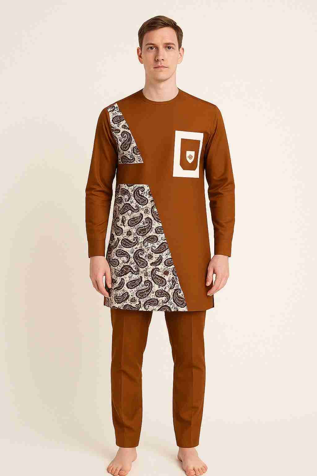 Men's 2 Piece Senator Set with Patterned Patch - Brown
