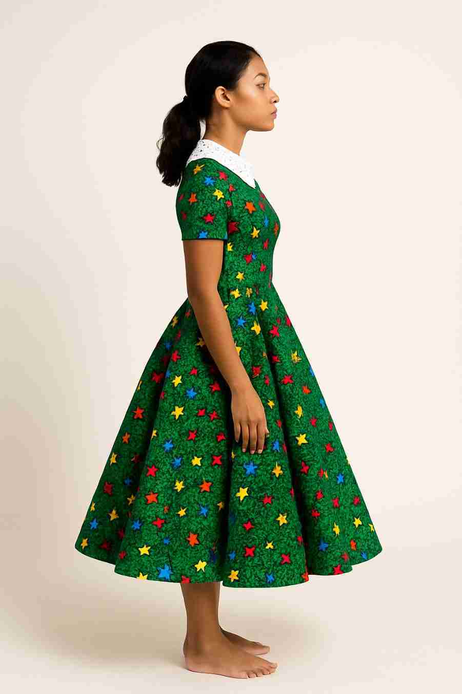 Green Star Print Midi Dress with Lace Collar Side