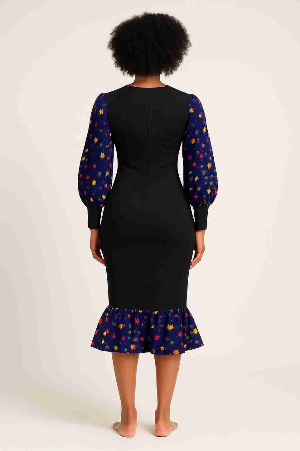 Starburst Sleeve Ankara Plain Material Mix Dress Back