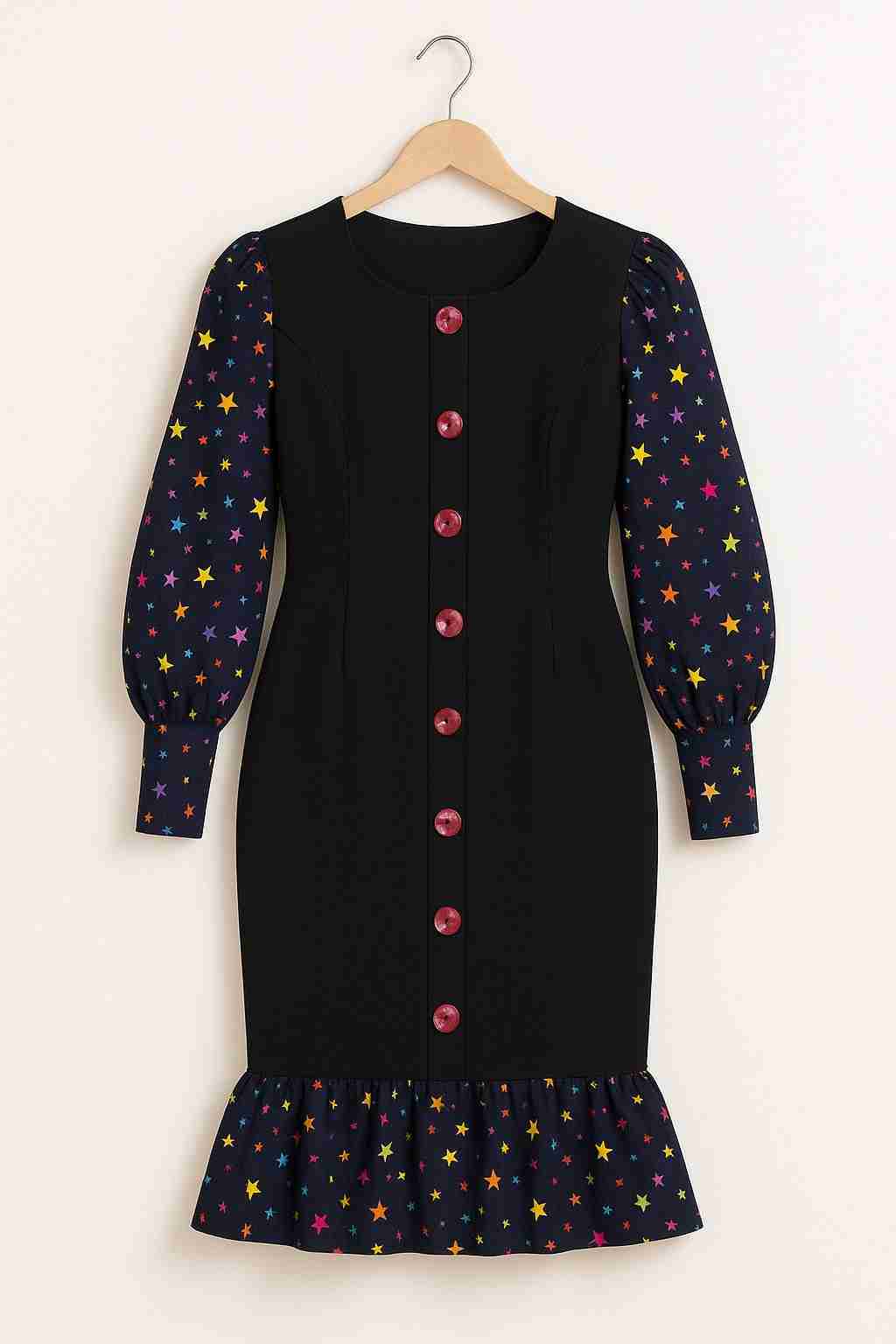 Starburst Sleeve Ankara Plain Material Mix Dress Ex