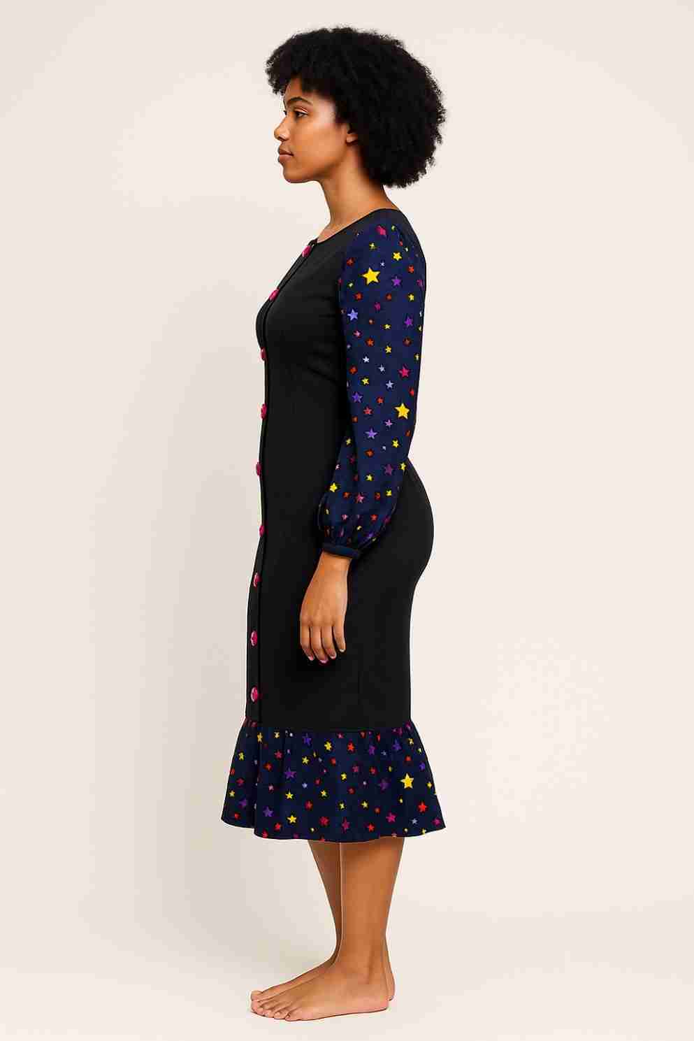 Starburst Sleeve Ankara Plain Material Mix Dress Side