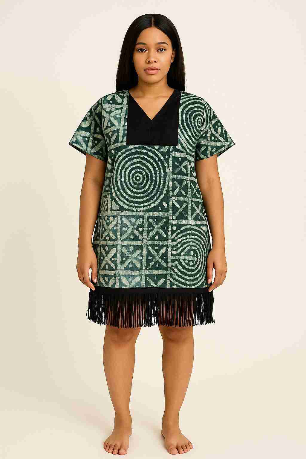 Adire Print Mini Kaftan with Fringe