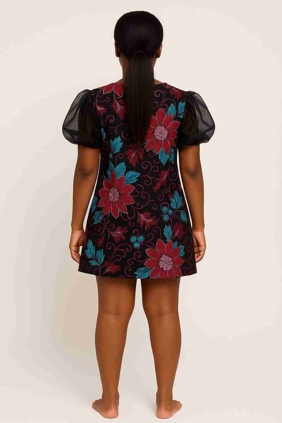 Ankara Mini Dress with Organza Puffy Sleeves Back