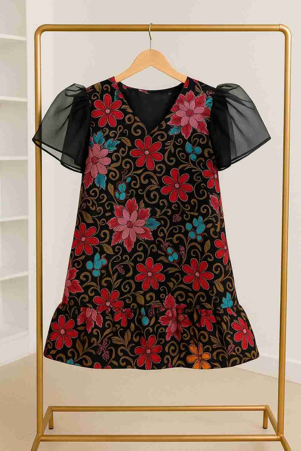 Ankara Mini Dress with Organza Puffy Sleeves Ex