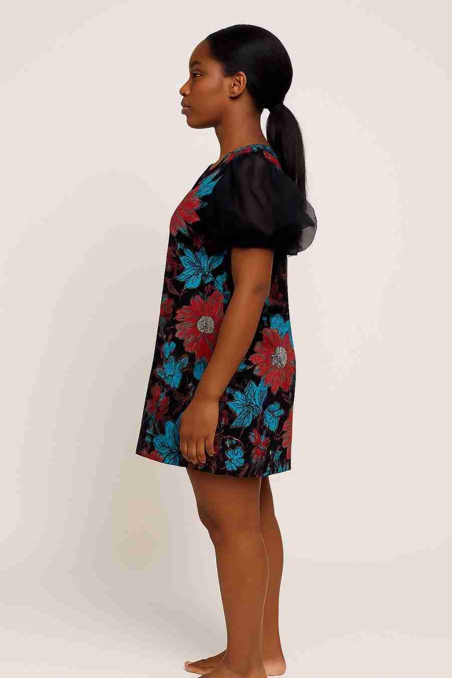 Ankara Mini Dress with Organza Puffy Sleeves Side