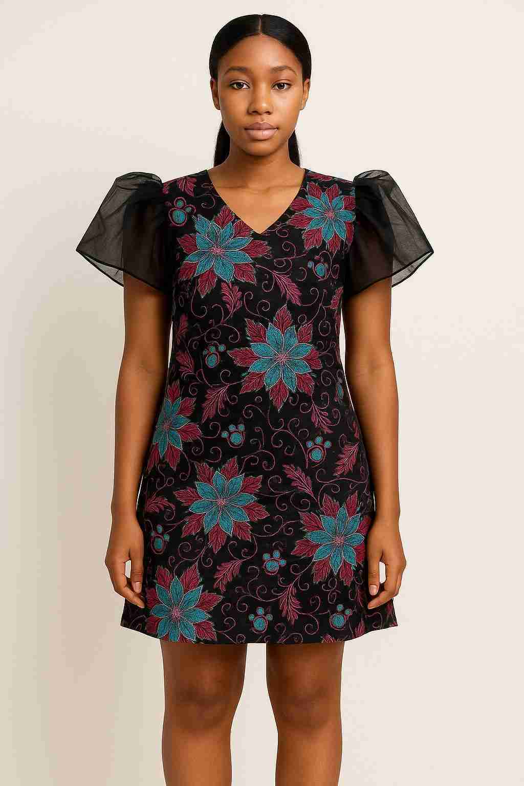 Ankara Mini Dress with Organza Puffy Sleeves