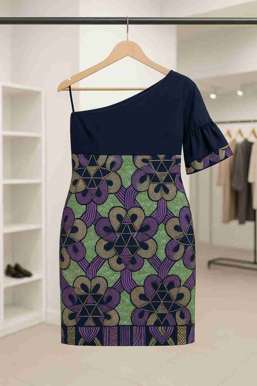 Ankara One-Shoulder Mini Dress Ex