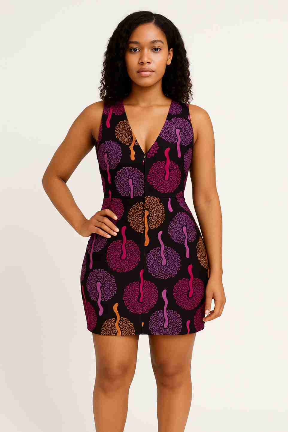 Ankara Purple Bloom V-neck Mini Gown