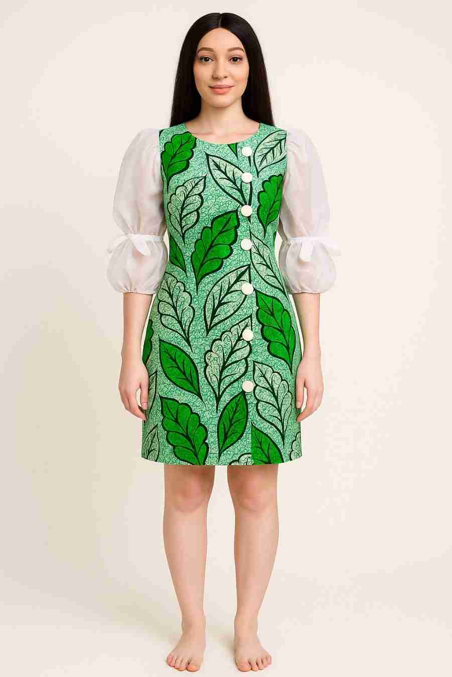 Native Ankara Leaf Print Mini Dress with Organza Sleeves