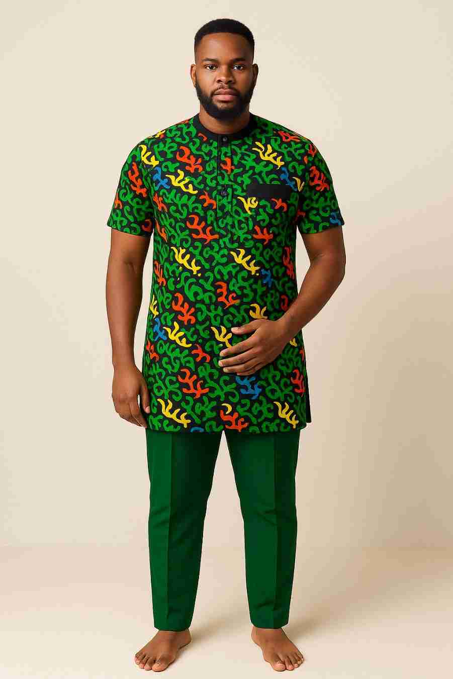 Patterned Ankara Senator Top with Plain Collar