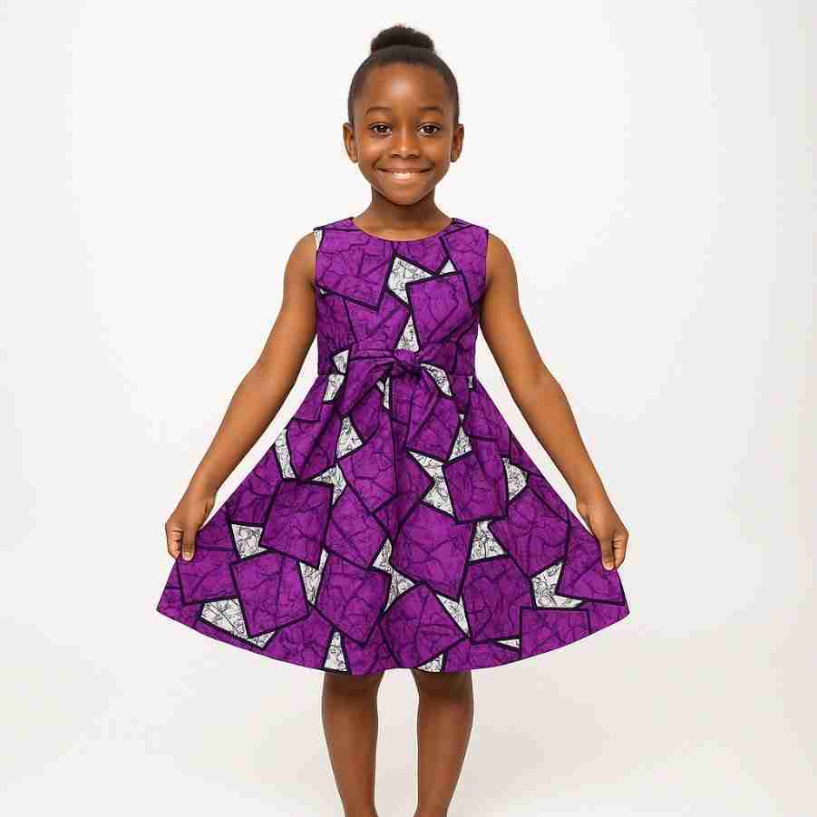 Purple Geometric Print Ankara Dress for Girls