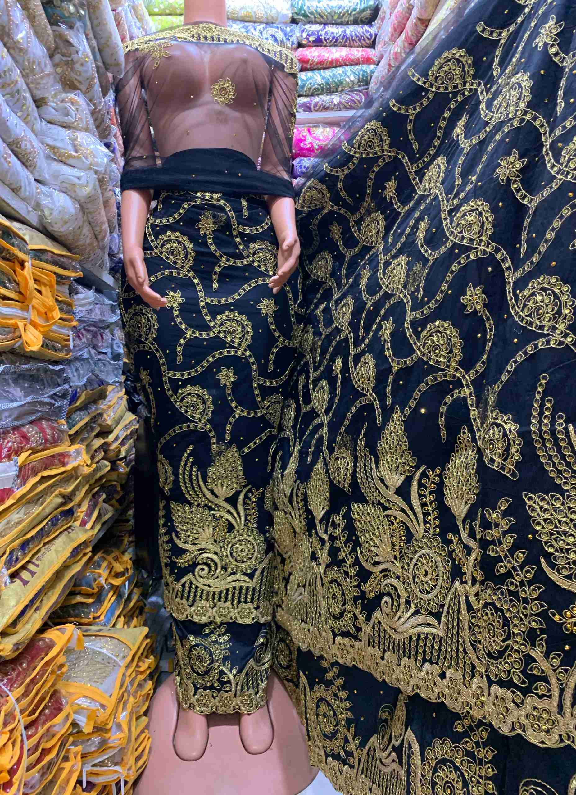 Raw Silk Indian George Wrapper with Net – Golden Black