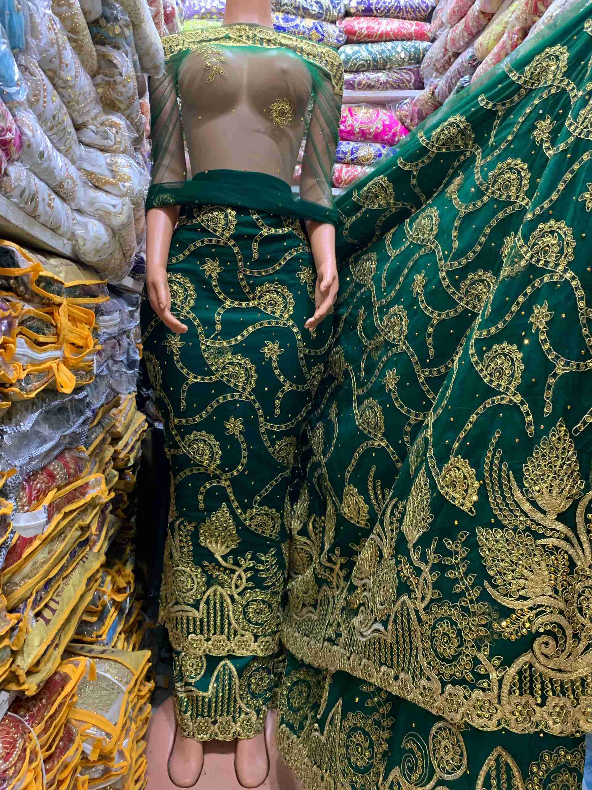 Raw Silk Indian George Wrapper with Net – Green