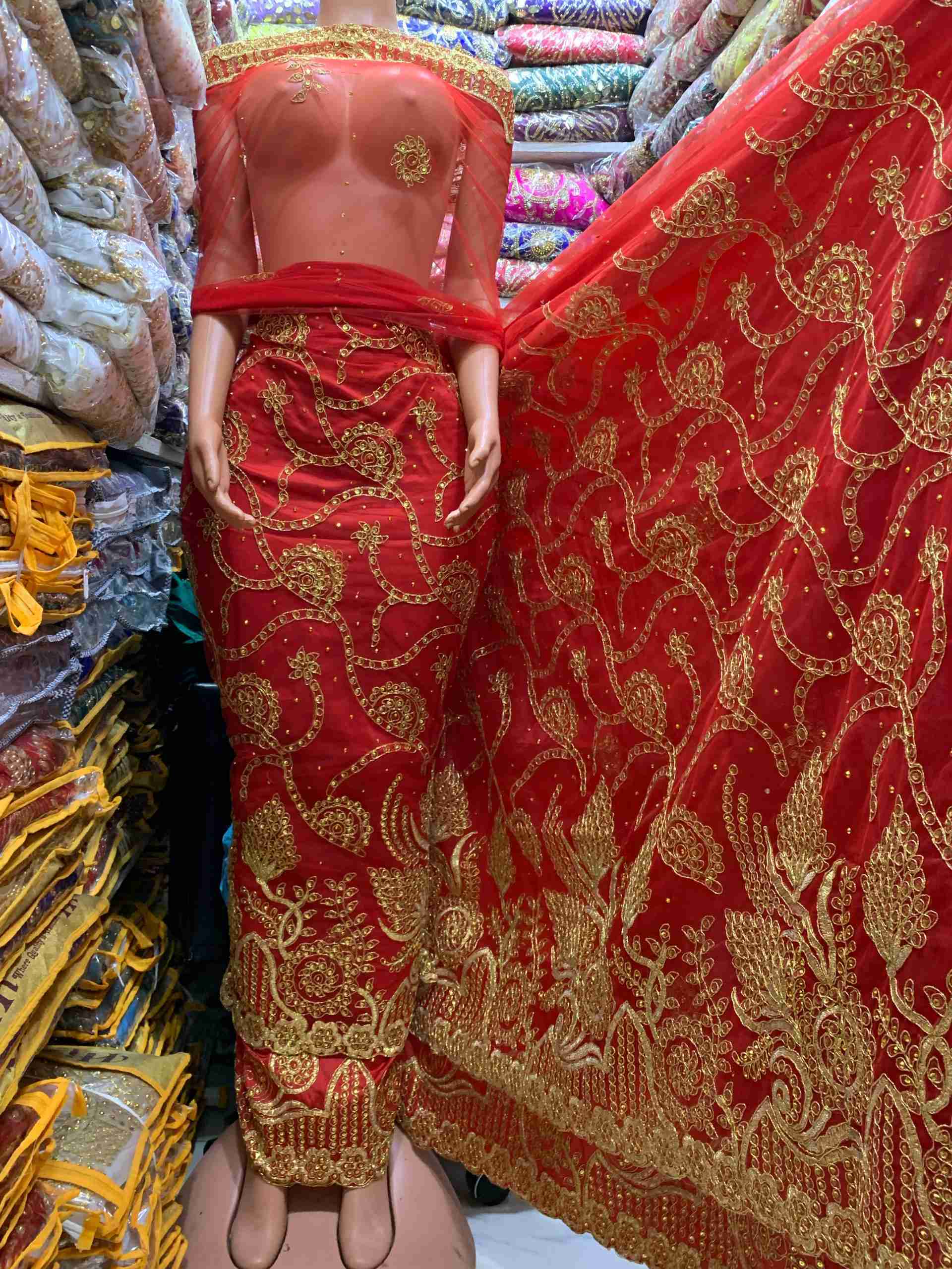 Raw Silk Indian George Wrapper with Net – Red