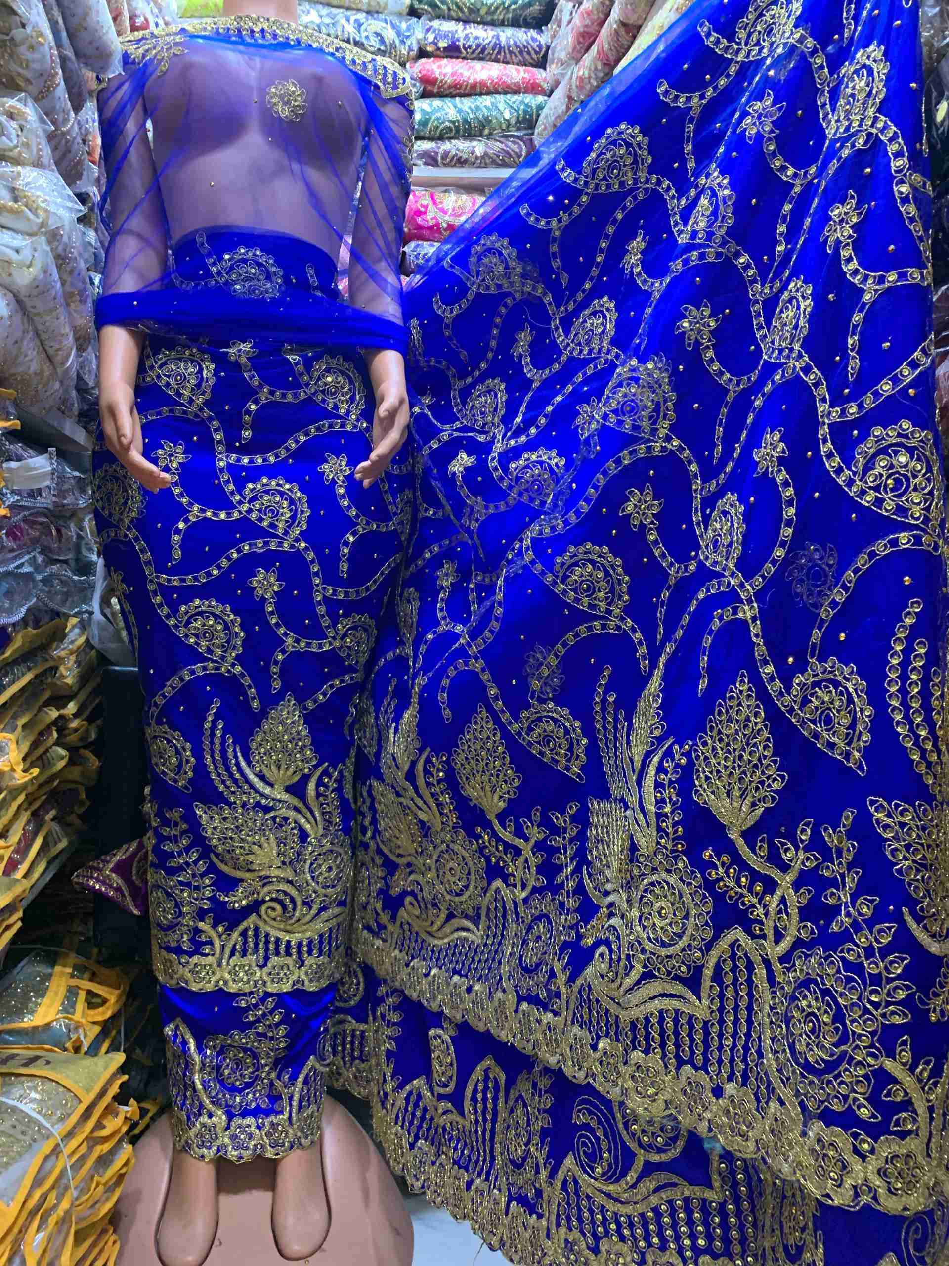 Raw Silk Indian George Wrapper with Net – Royal Blue