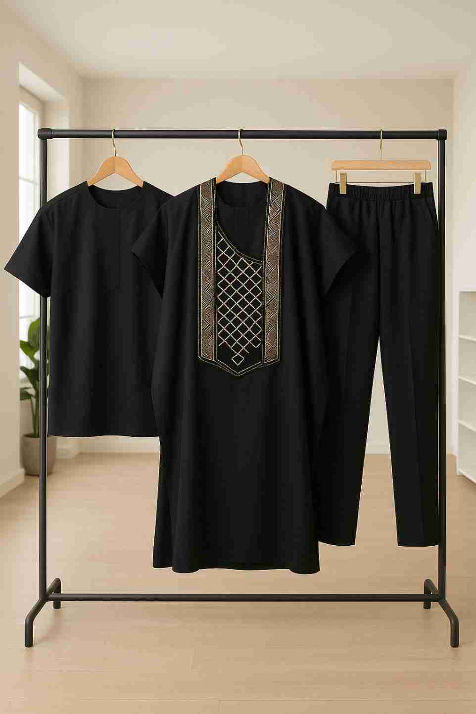 Black Men's 3 Piece Embroidered Agbada Set Ex