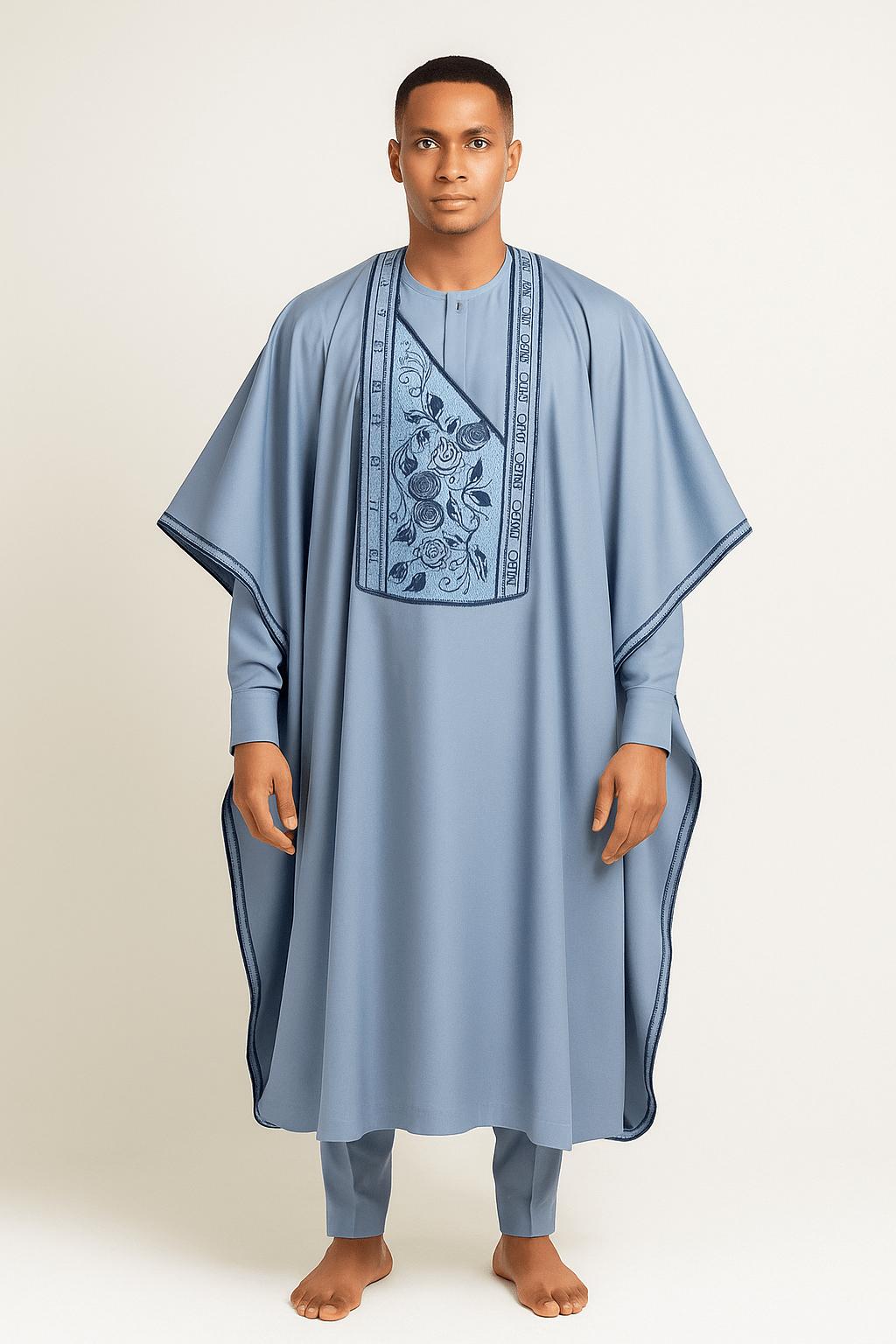 Classic Blue Men's 3 Piece Agbada with Flower Embroidery