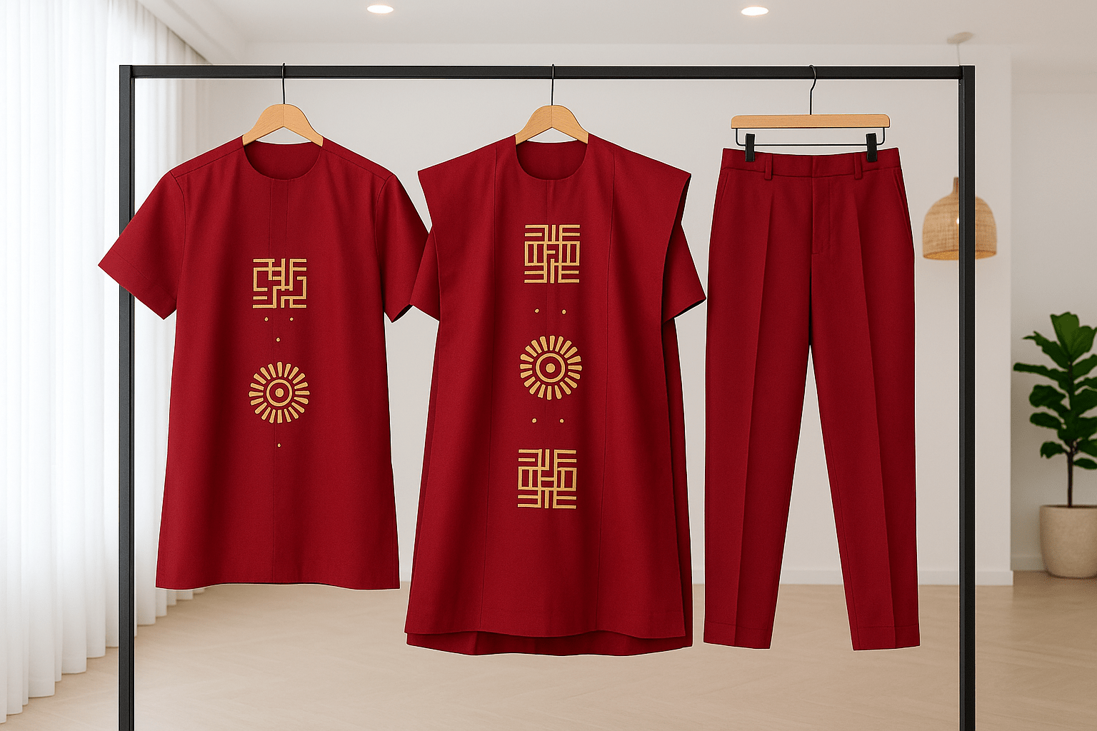 Crimson Men's 3 Piece Agbada Set with Centre Embroidery Ex
