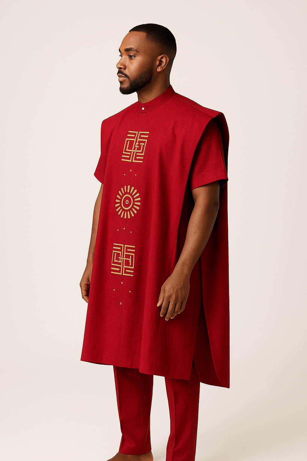 Crimson Men's 3 Piece Agbada Set with Centre Embroidery Side