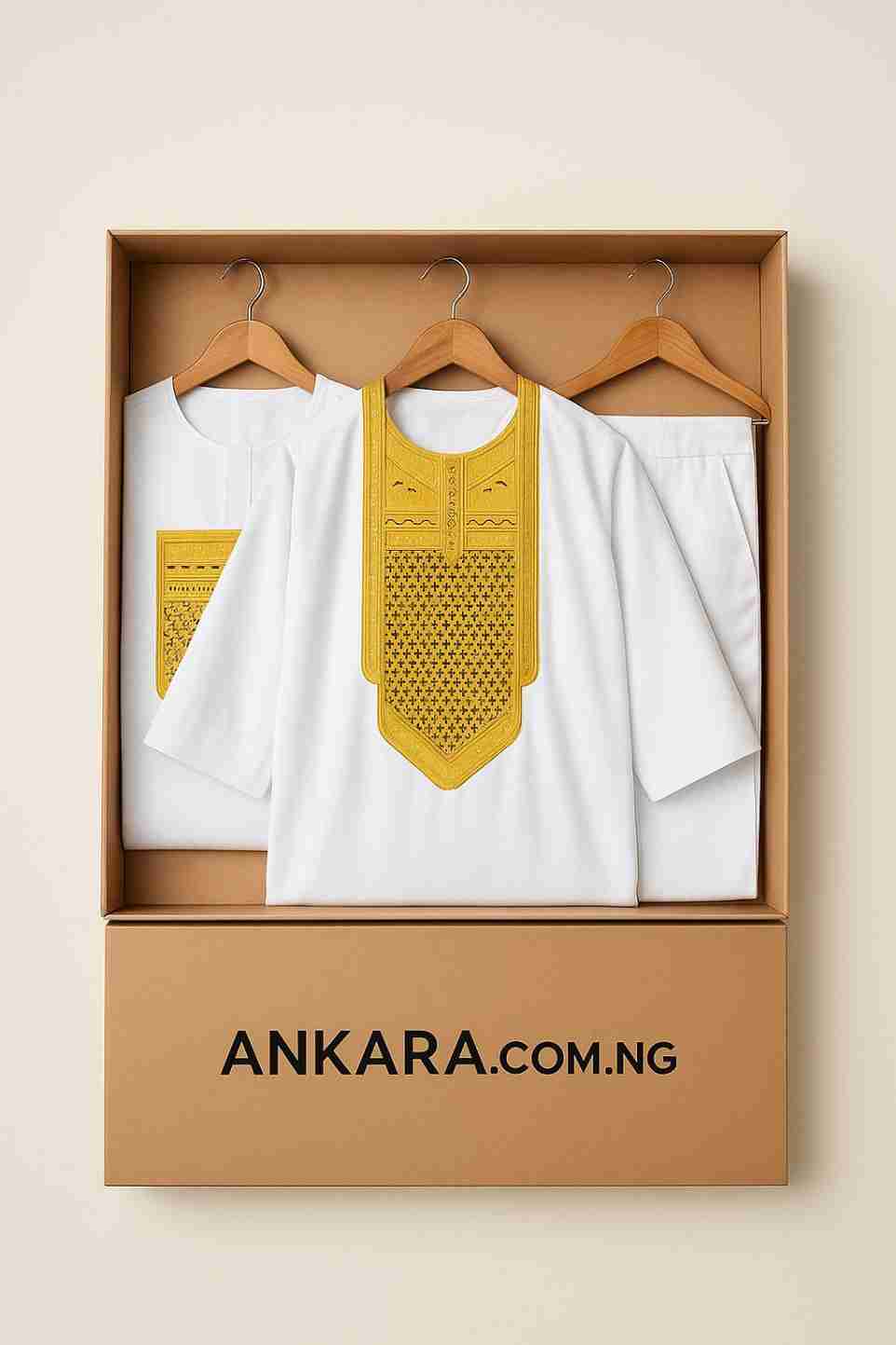 Gold Embroidered Men's White 3 Piece Agbada Set Box