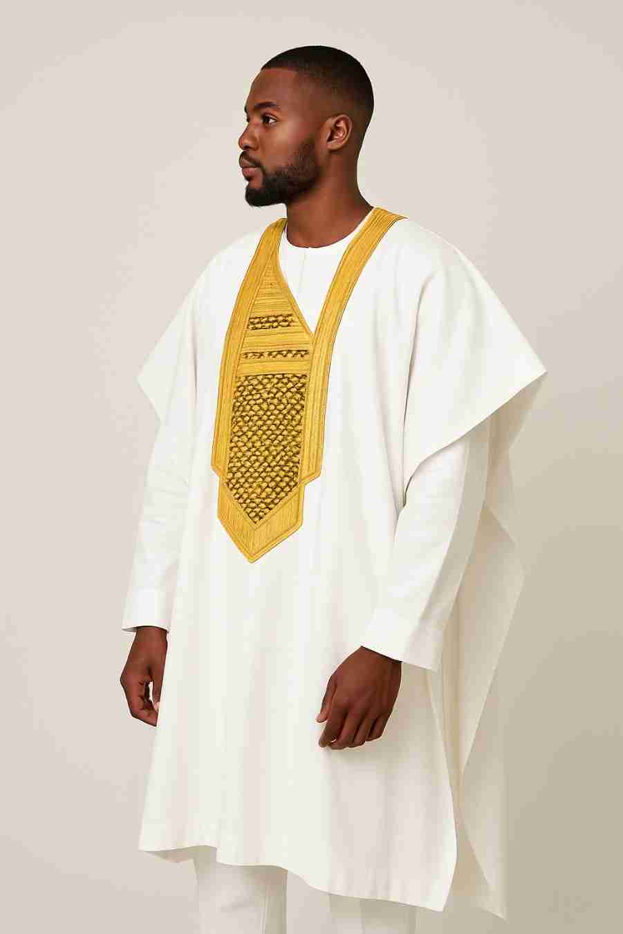 Gold Embroidered Men's White 3 Piece Agbada Set Side