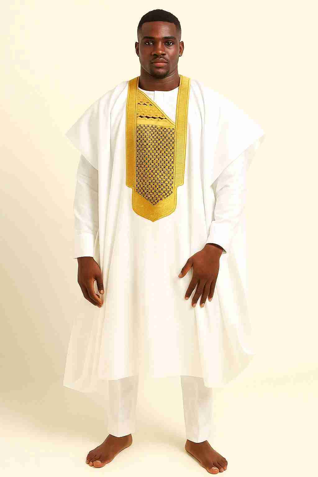 Gold Embroidered Men's White 3 Piece Agbada Set