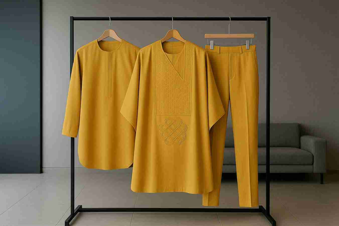 Golden Men's Readymade 3 Piece Agbada Set with Embroidery Ex