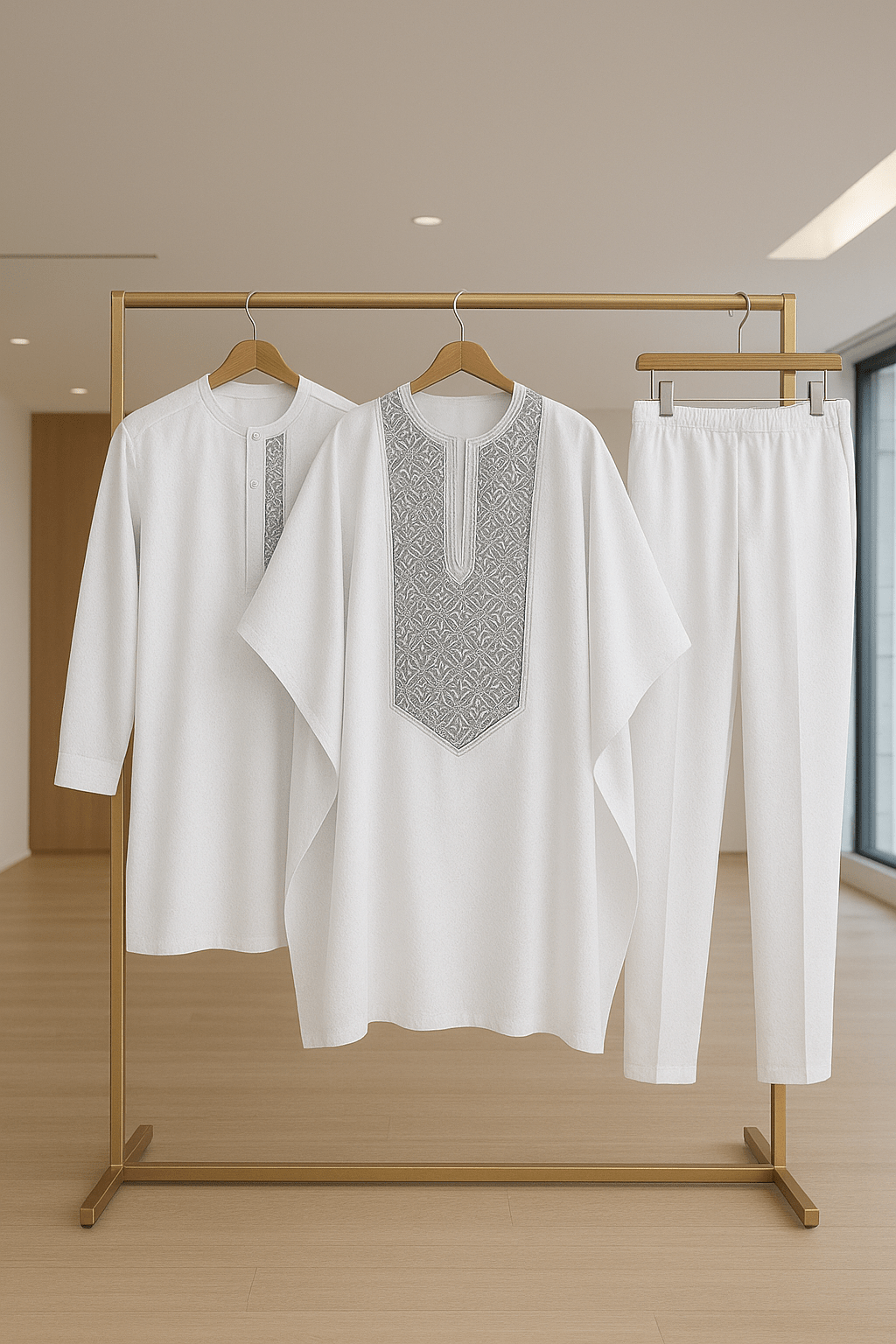 Luxury Men's White 3 Piece Agbada Set with Embroidery Ex
