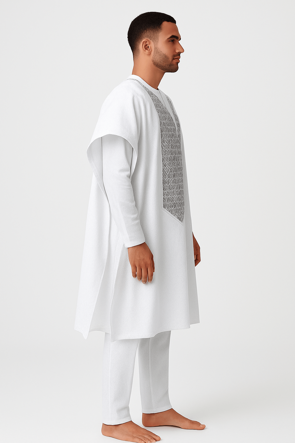 Luxury Men's White 3 Piece Agbada Set with Embroidery Side