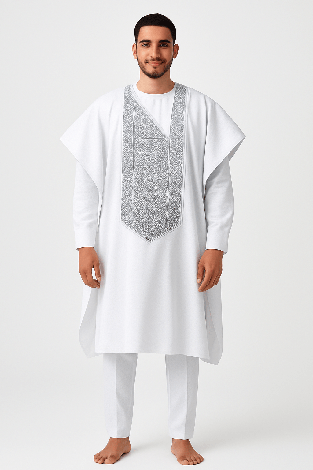 Luxury Men's White 3 Piece Agbada Set with Embroidery