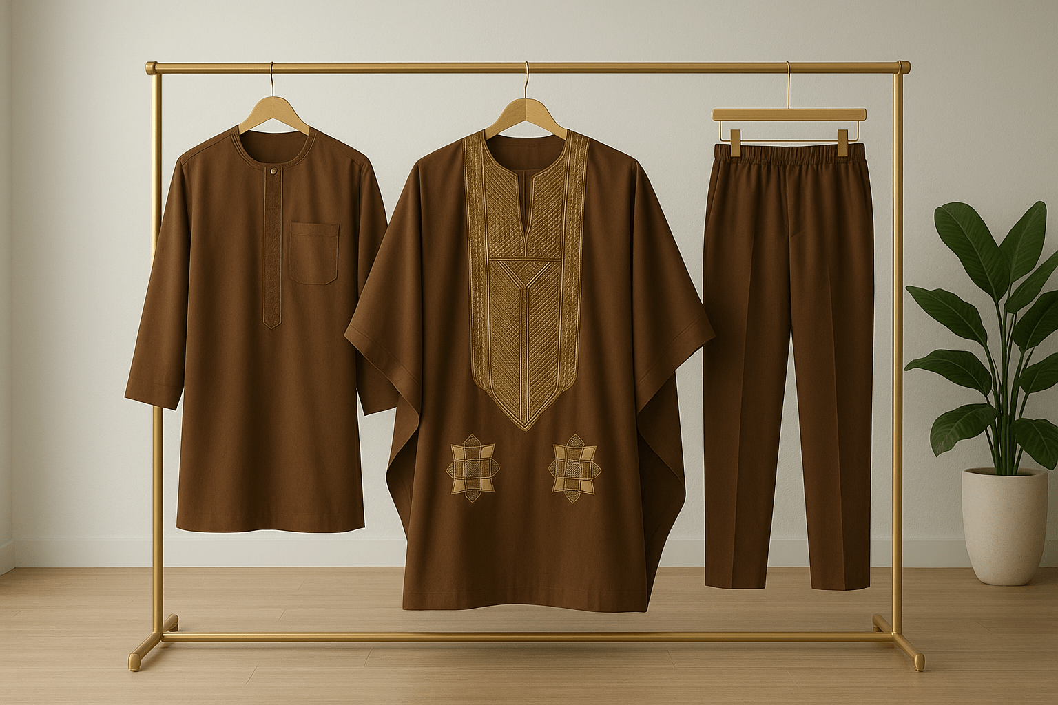 Men's 3 Piece Agbada Long Sleeve Set – Brown Ex