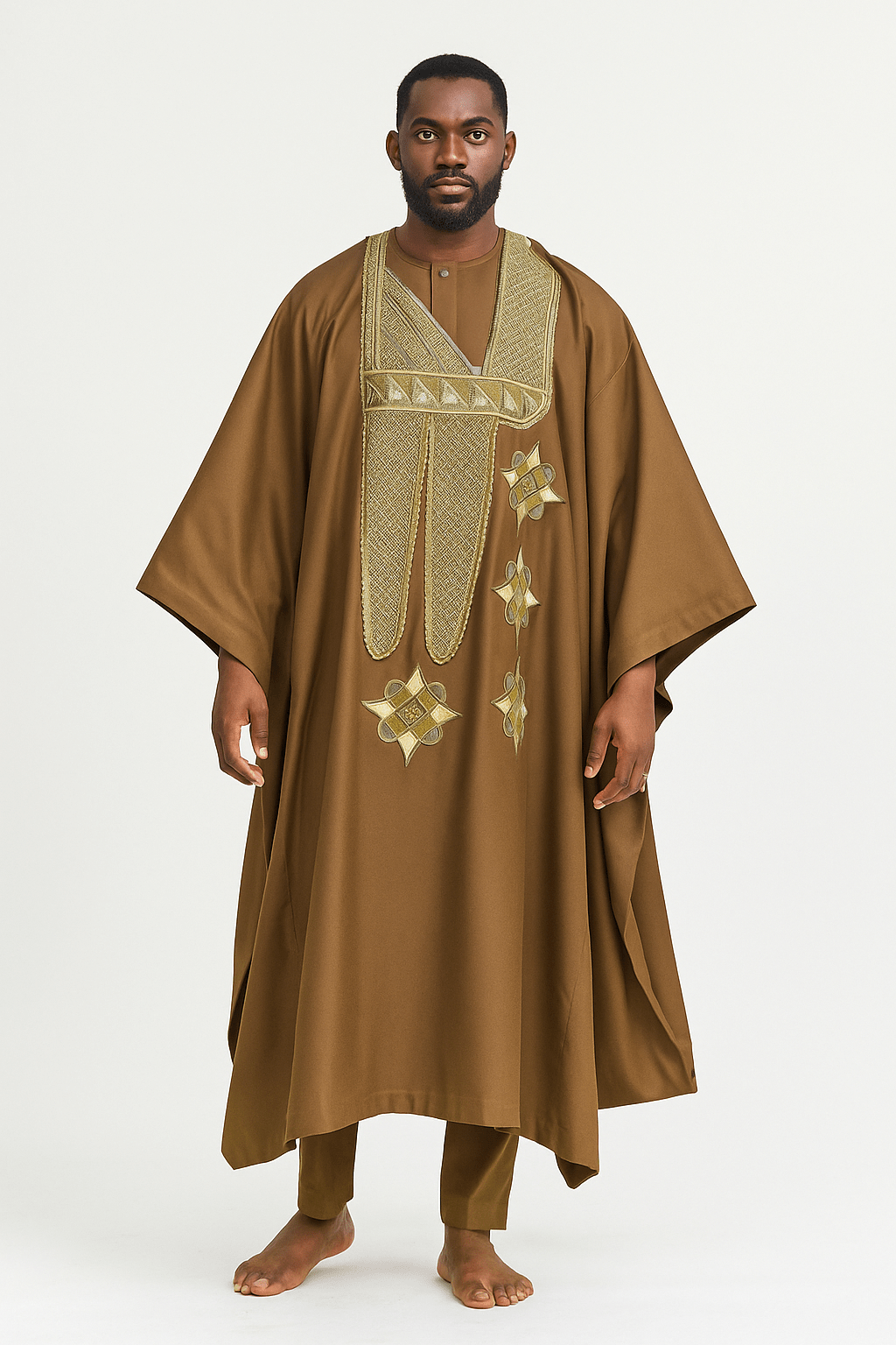 Men's 3 Piece Agbada Long Sleeve Set – Brown Front