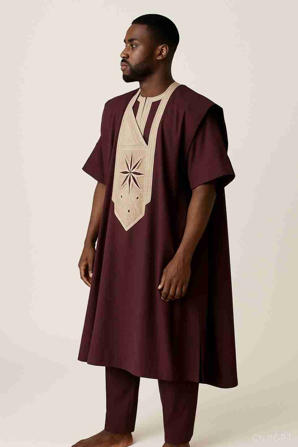Men's Short Sleeve 3 Piece Agbada Set – Wine Colour Side