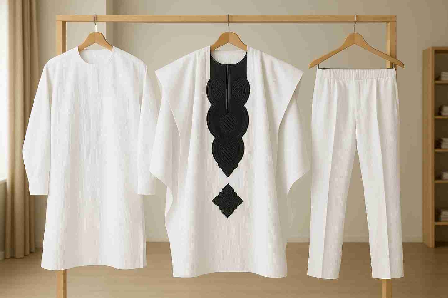 Men's White 3 Piece Agbada Set with Black Embroidery Ex