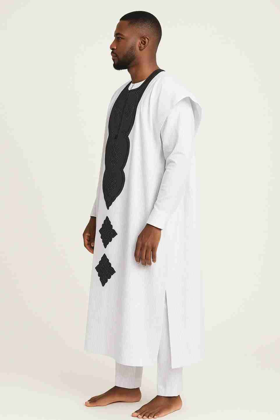 Men's White 3 Piece Agbada Set with Black Embroidery Side