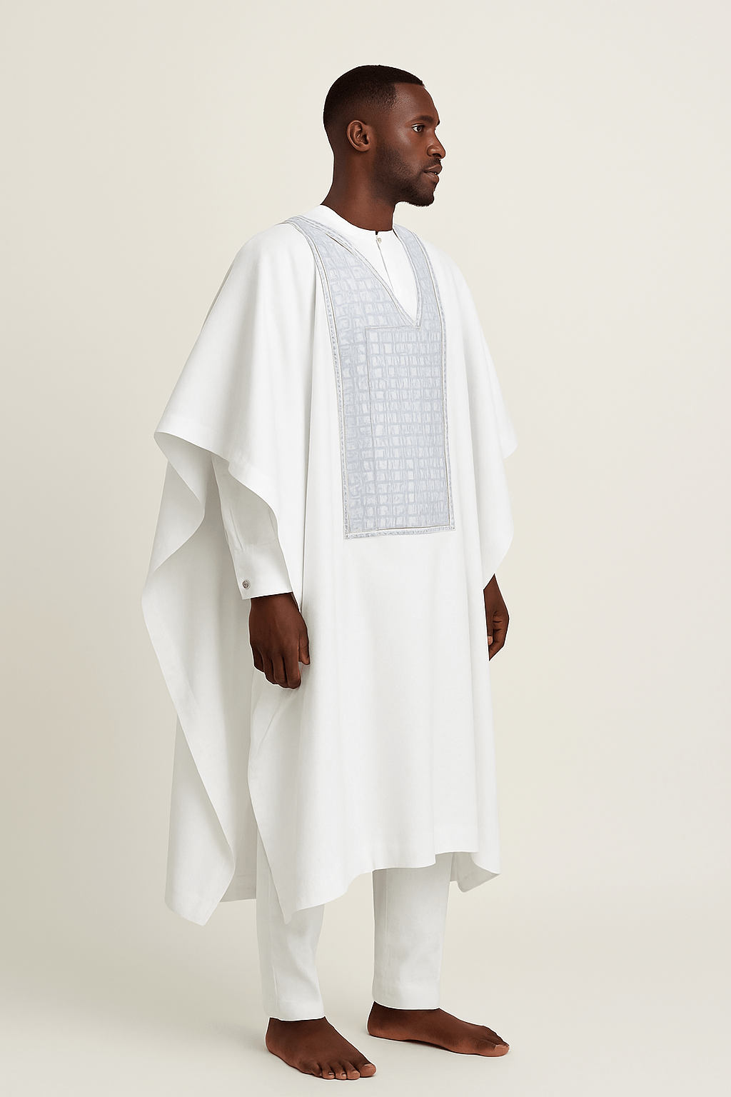 Men's White Ready-to-wear 3 Piece Agbada Set Side