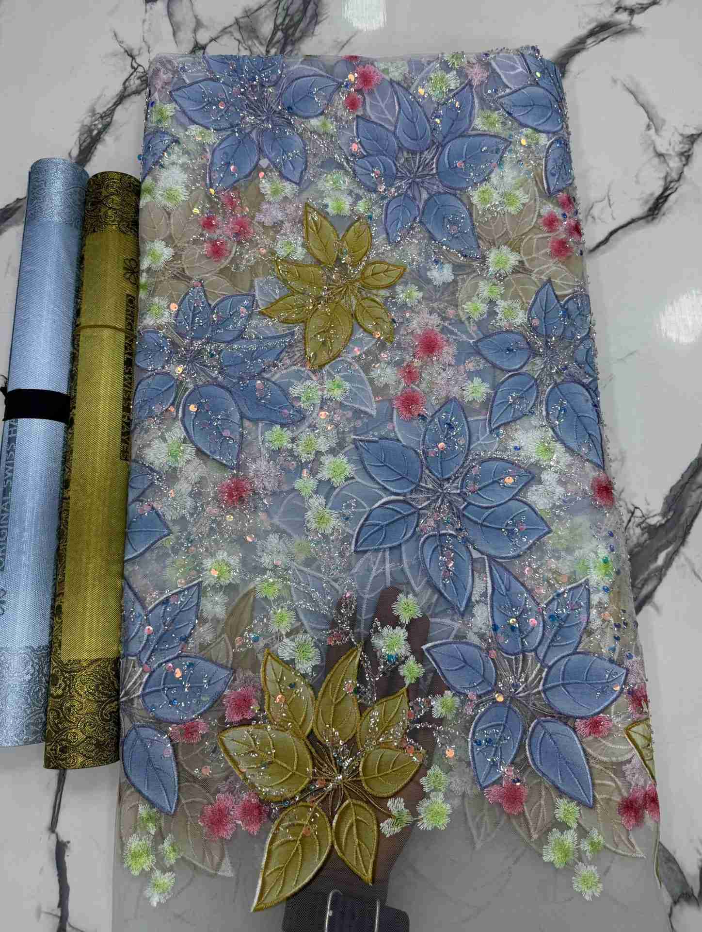 Lovely Korea Flower Beaded Lace (5 Yards) – Blue
