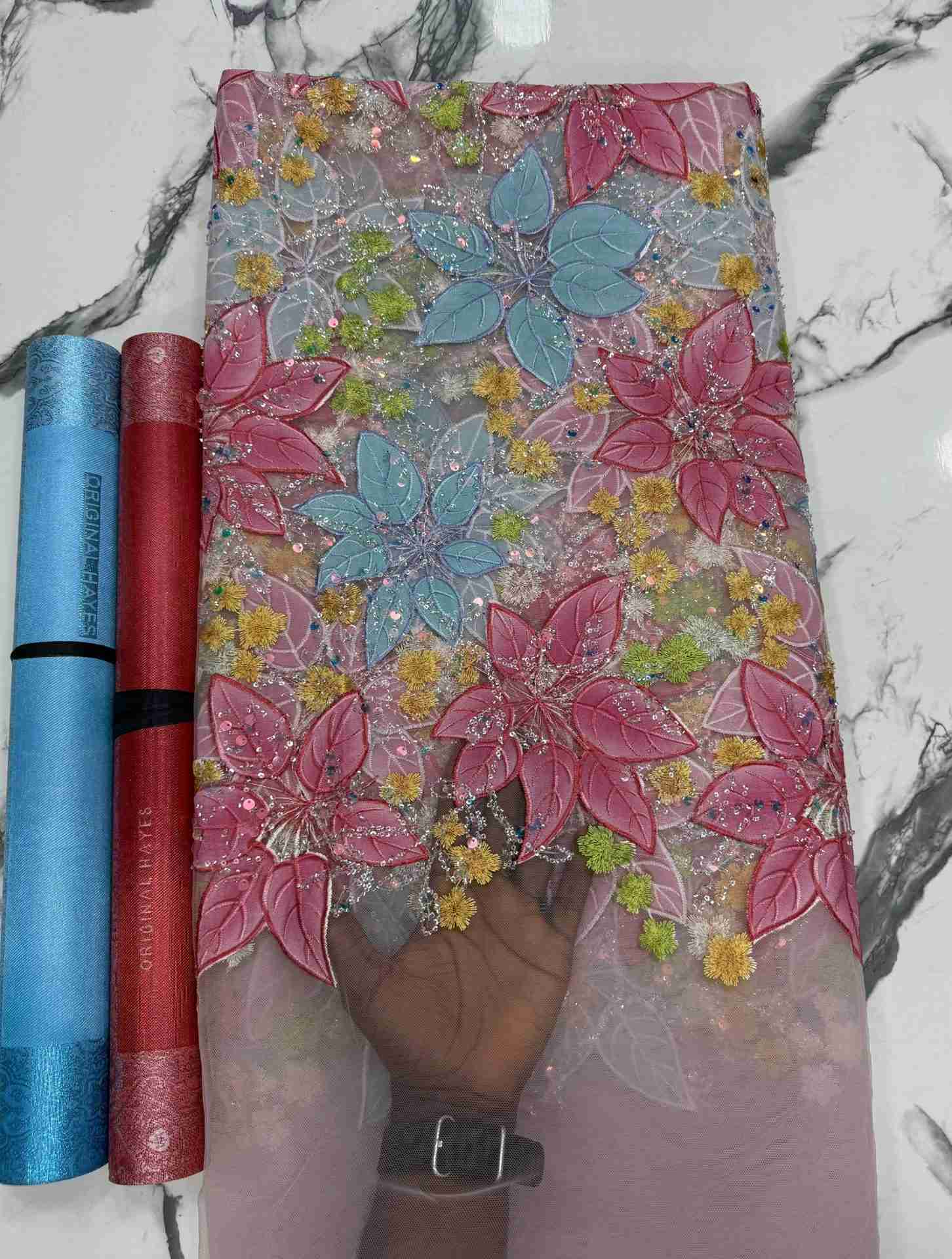 Lovely Korea Flower Beaded Lace (5 Yards) – Pink + Blue