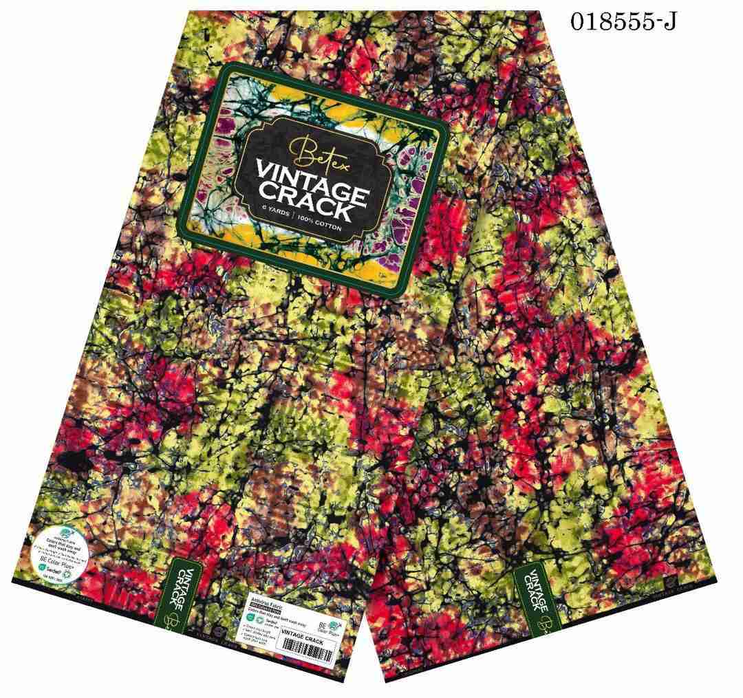 Betex Vintage Crack Ankara fabric with lime green and ruby red abstract marble splatter pattern, 100% cotton premium wax print.