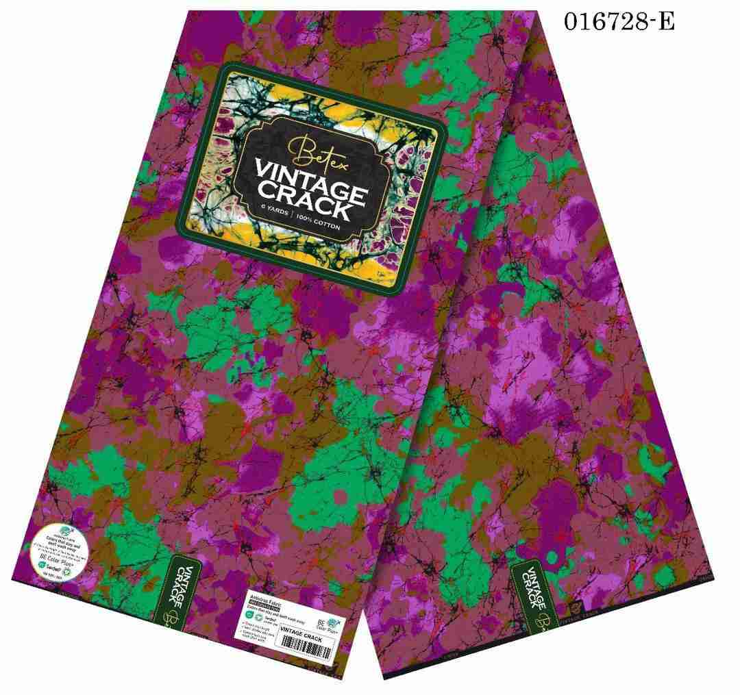 Betex Vintage Crack Ankara fabric with magenta pink and emerald green abstract marble splatter pattern, 100% cotton premium wax print.