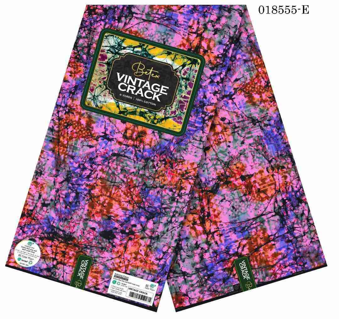 Betex Vintage Crack Ankara fabric with magenta, purple, and orange abstract marble splatter pattern, 100% cotton premium wax print.