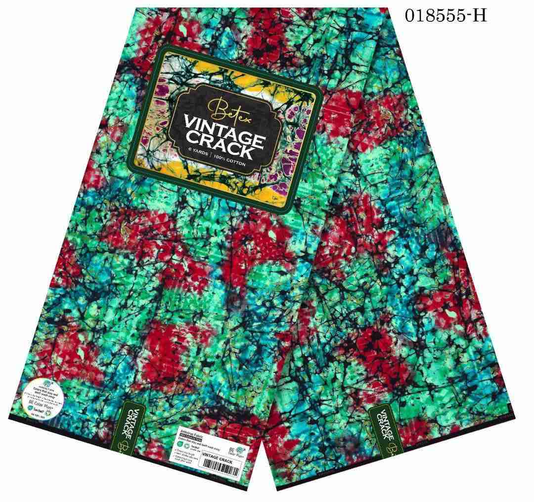 Betex Vintage Crack Ankara fabric with mint green and crimson red abstract marble splatter pattern, 100% cotton premium wax print.