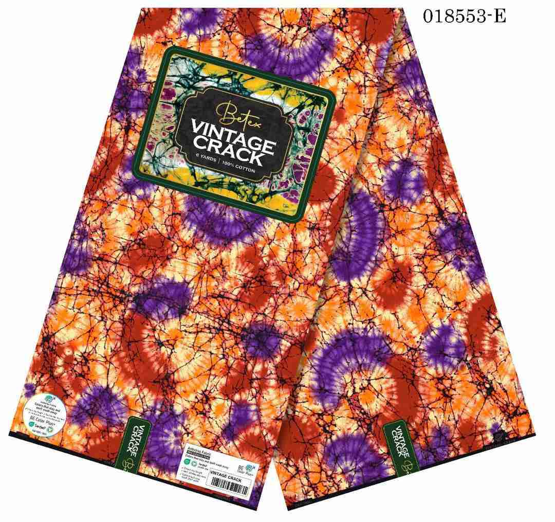 Betex Vintage Crack Ankara fabric with purple and orange tie-dye sunburst radial pattern, 100% cotton premium wax print.