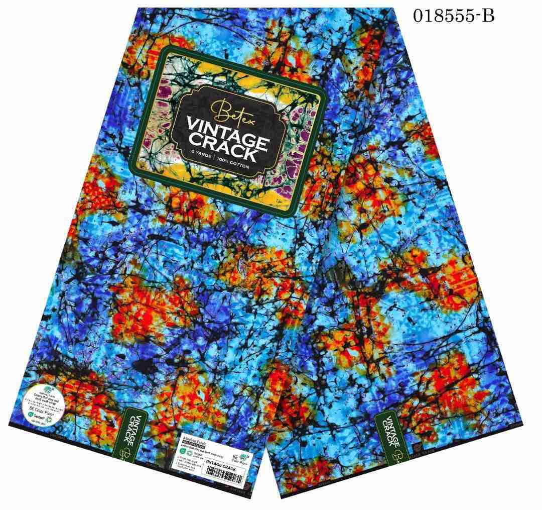 Betex Vintage Crack Ankara fabric with sky blue and crimson red abstract marble splatter pattern, 100% cotton premium wax print.