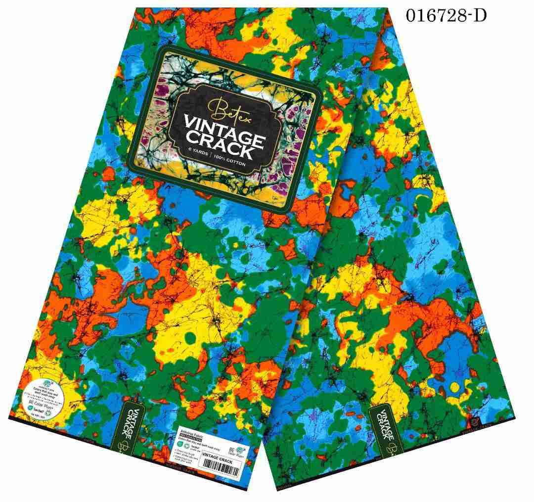 Betex Vintage Crack Ankara fabric with sky blue, green, and orange abstract marble splatter pattern, 100% cotton premium wax print.