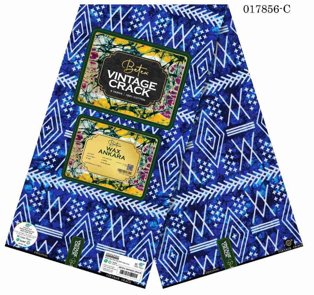 Betex Vintage Crack indigo blue and white tribal mosaic geometric pattern Ankara fabric, 100% cotton premium African wax print.