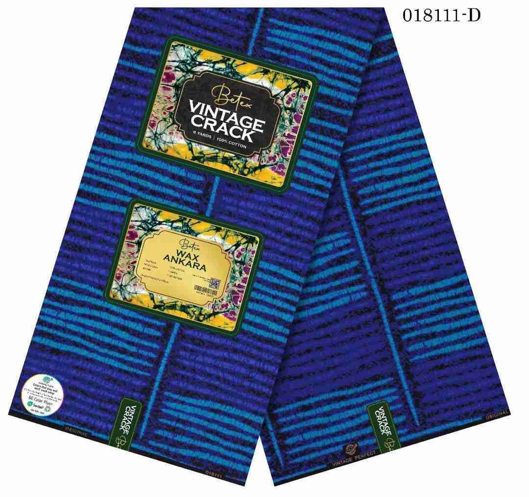 Betex Vintage Crack sapphire blue and teal striped pattern Ankara fabric, 100% cotton premium African wax print