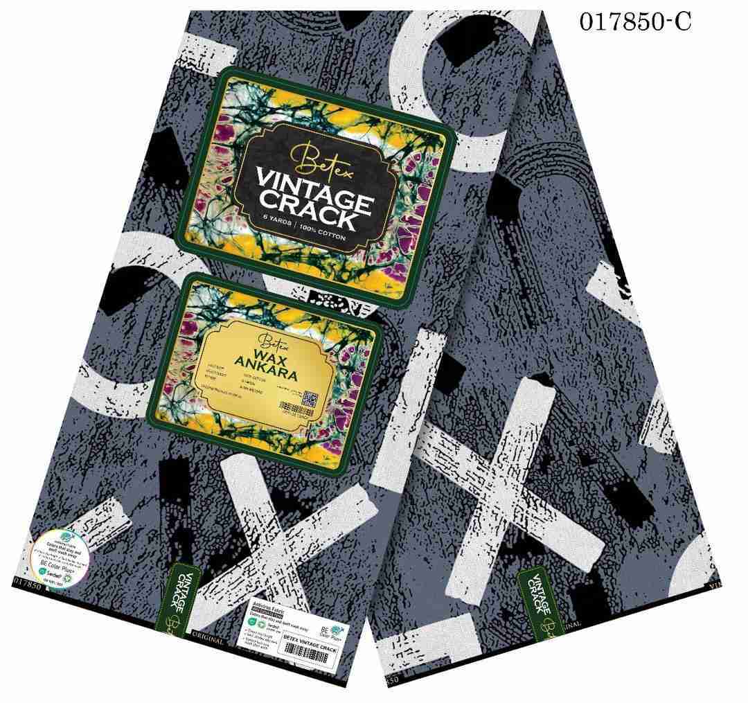 Betex Vintage Crack slate gray and ivory white mosaic splash pattern Ankara fabric, 100% cotton premium African wax print.