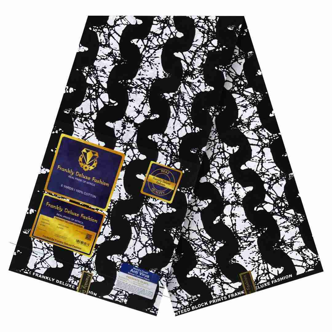 Black and white wave pattern Ankara fabric with crackled background by Frankly Deluxe Fashion, 100% cotton premium wax print.