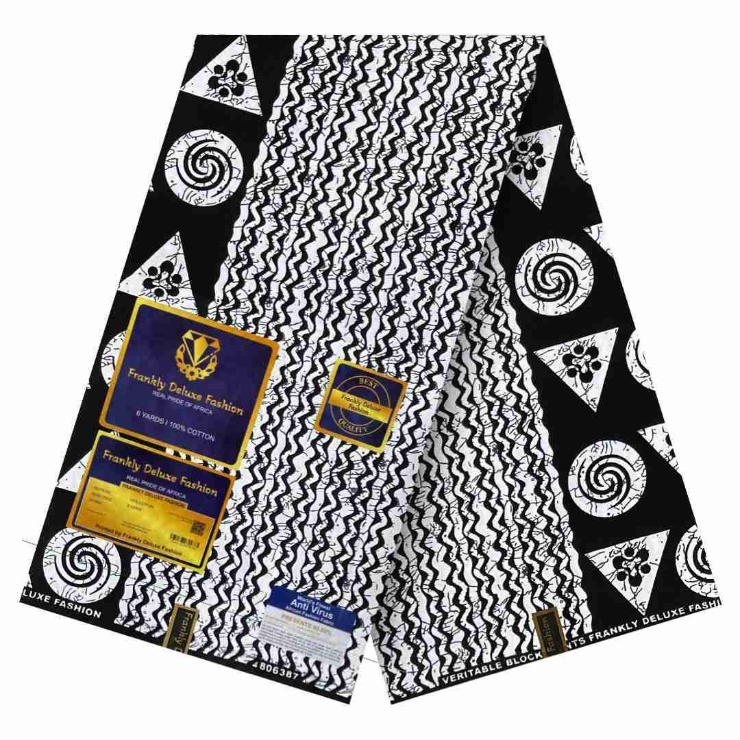 Black and white zigzag patterns and circular spiral geometric motifs on 100% cotton by frankly deluxe fashion
